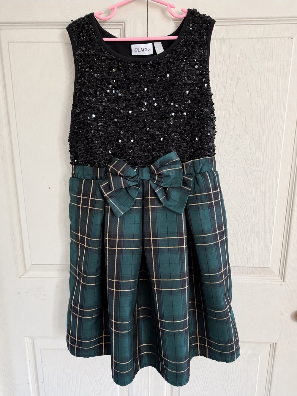 The Children's Place Black Sequin Top with Green Plaid Bow Dress